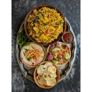 Vegetable Pulao, Boondi Raita, Tomato Chutney, Kachumber Salad, Papad
